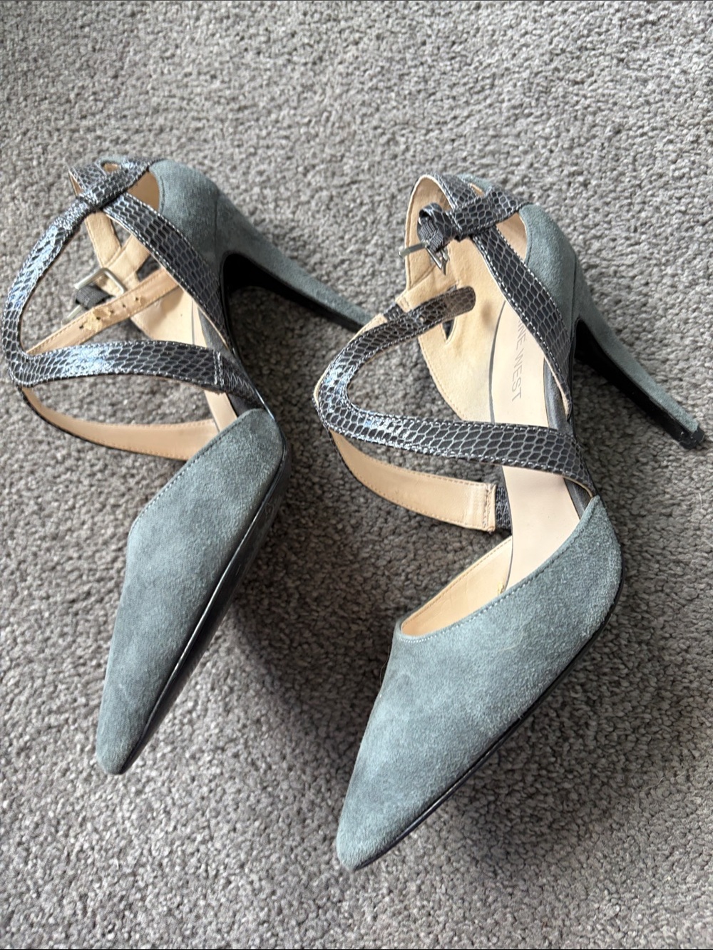 Nine West Pointed-Toe Suede Heels with Snakeskin Crisscross Straps - Gray - Picture 5 of 10